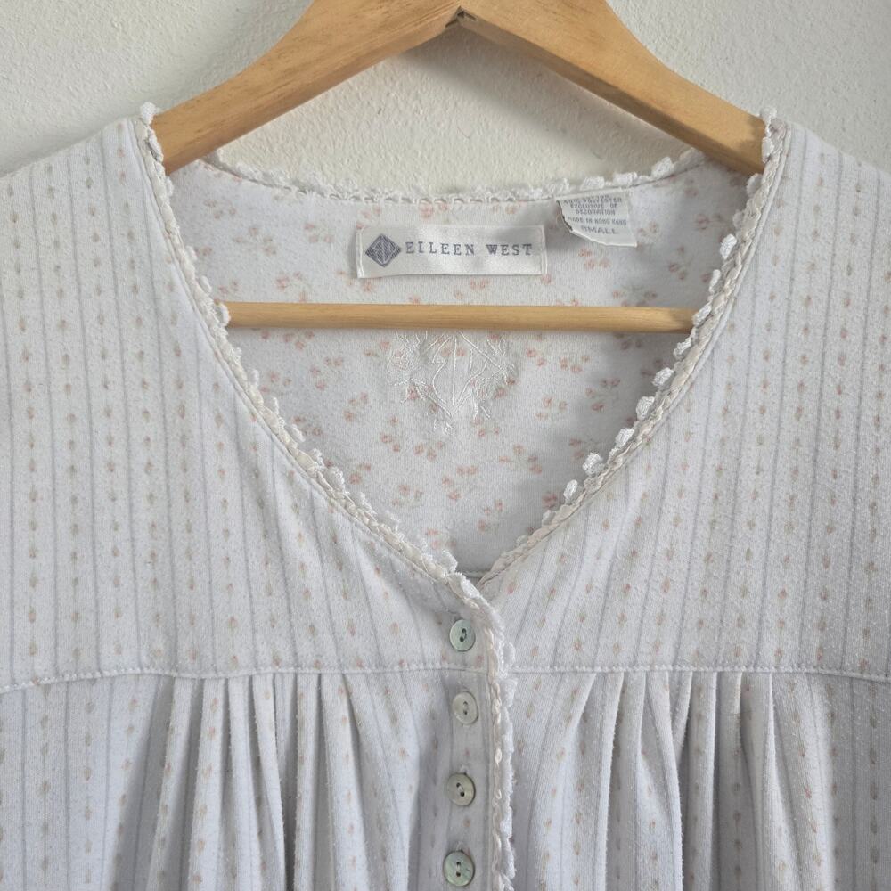 Eileen West White Striped Long Sleeve Night Gown-S Babydoll Lace Trim Cottage - Picture 2 of 8